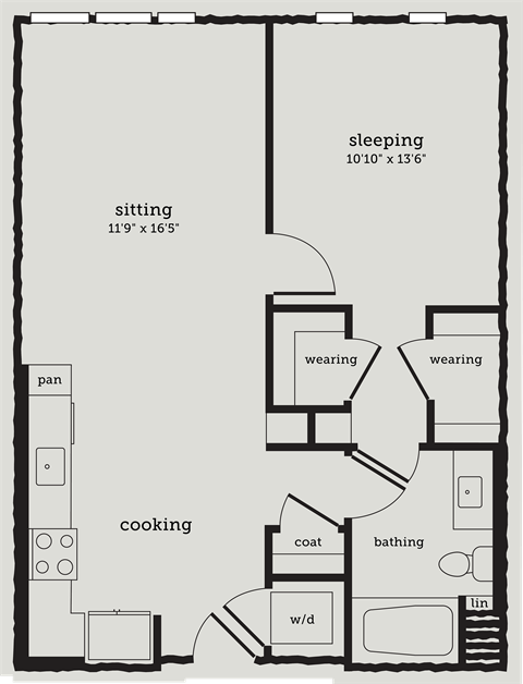 Floor plan for 1 bed, 1 bath, 760 sqft
